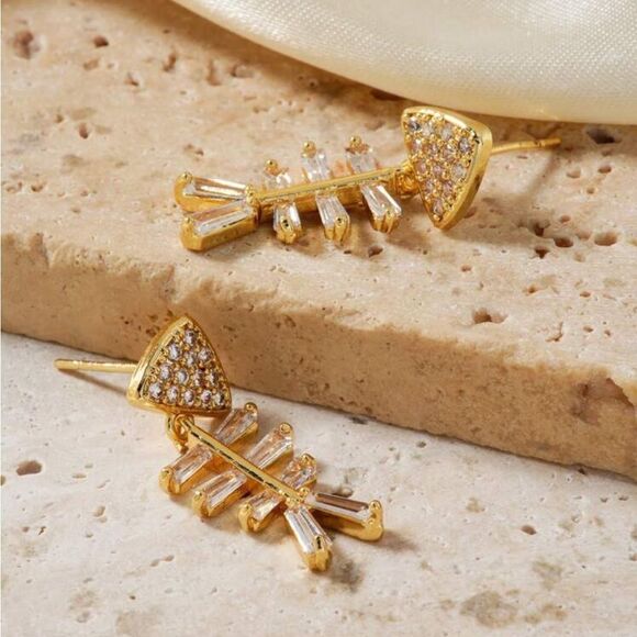 Gold Fishbone Earrings #1765 - Picture 2 of 5